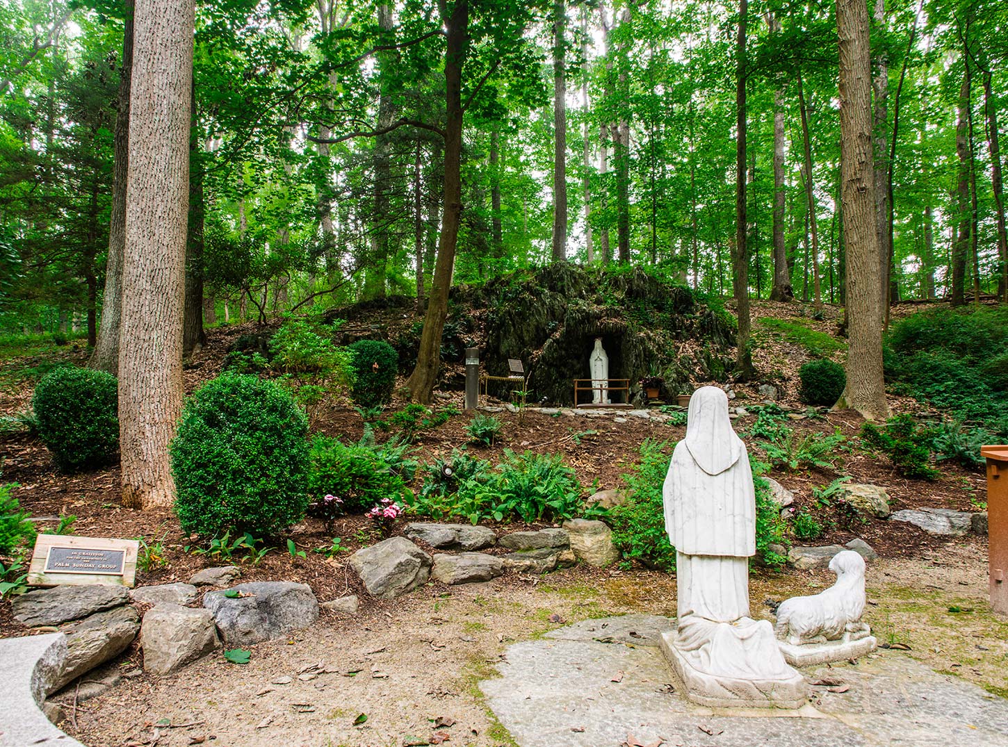 The Our Lady of Lourdes Grotto at Malvern, with a statue of St. Bernadette kneeling before it