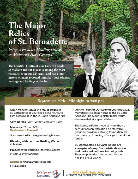 The Major Relics of Bernadette, flyer sharing information about upcoming events.
